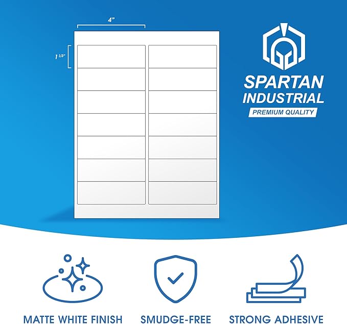 4" X 1.33" Matte White Printable Address Labels (100 Sheets, 1400 Stickers) Mailing Labels for Envelopes, File Folder Stickers for Laser & Inkjet Printers - Spartan Industrial Template R018