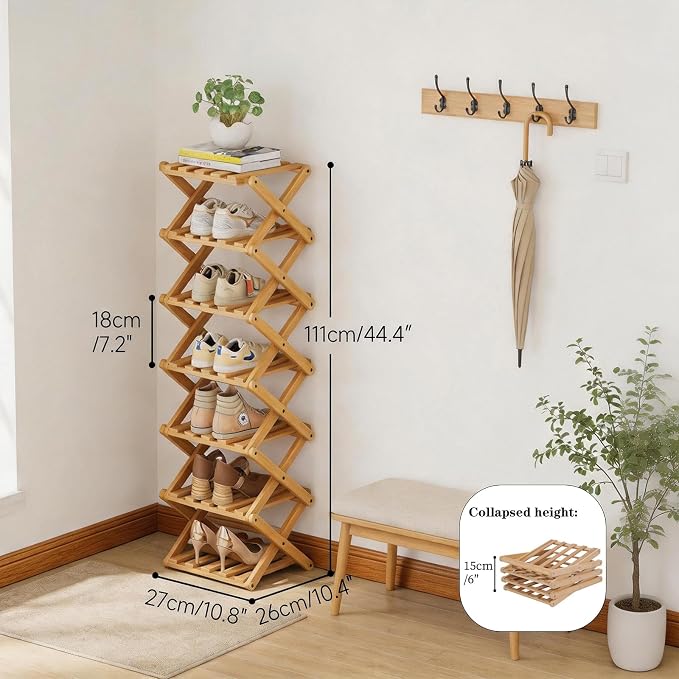Vertical Narrow Shoe Rack, 7 Tier Portable Folding Shoe Storage Rack, Without Installation Free Standing Shoe Rack for Corridors, Bedrooms Living Room Corner and Small Spaces (7 Tier)