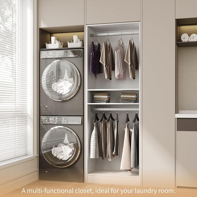 VOWNER 25'' Freestanding Closet System Walk-in Wardrobe Closet Tower | White Shelves with 2 Hanging Rods, Modular Expandable Open Closet Organizers, Clothes Garment Rack for Small Closet