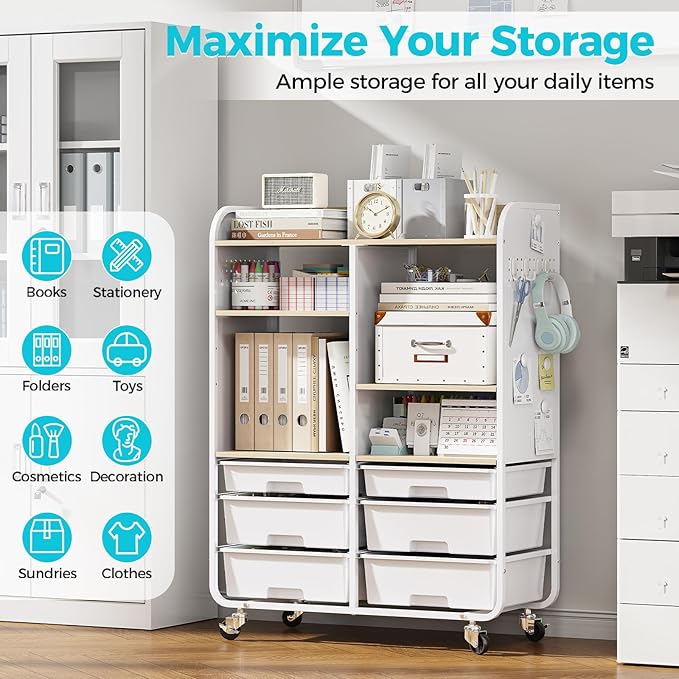 6-Drawer Rolling Storage Cabinet with Wooden Top & Pegboards，Utility Craft Cart with 2 Adjustable Shelves and Lockable Wheels,Mobile Organizer for School Dorm,Classroom,Artroom,Craftroom (White)