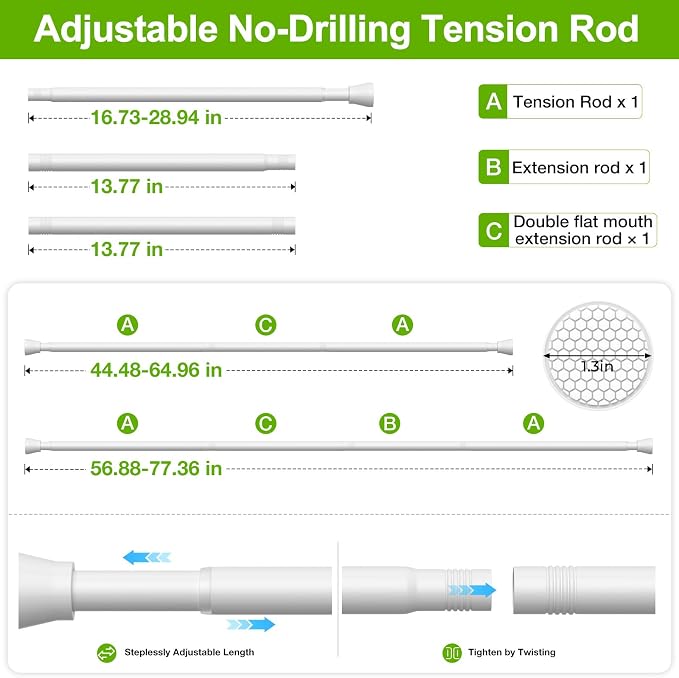 HAOYUNIE 1 Pack Tension Curtain Rods, 45-77Inches Adjustable Spring Tension Rods, No Drill No Slip, for Windows, Doorway, Bathroom & Closet (White)