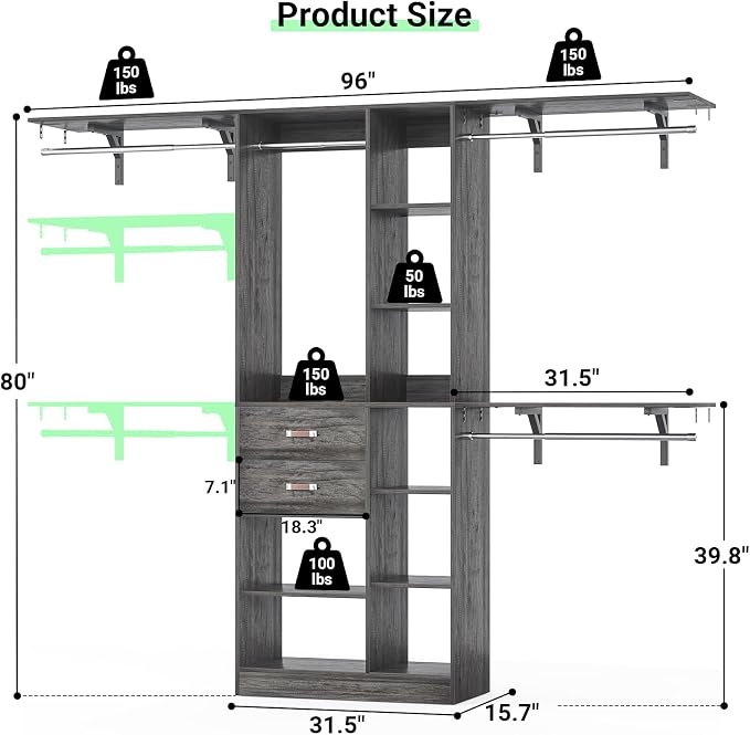 Armocity 8FT Heavy Duty Wood Closet System, 1500 LBS+ Capacity Wall Mounted Walk-in Closet Organizer with 2 Drawers & 4 Hanging Rods, 96'' Custom Bedroom Storage Wardrobe, Oak