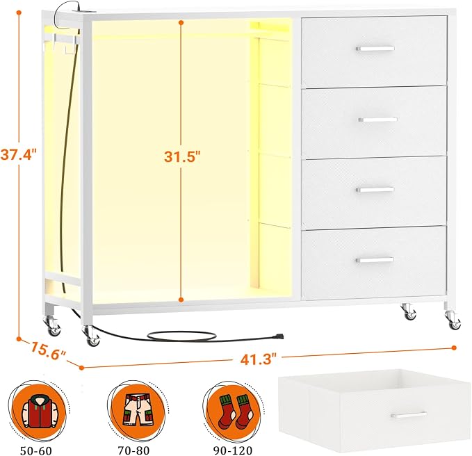 Cyclysio Storage Clothes Rack with 4 Drawers, Garment Rack with Charging Station & LED Lights, Fabric Chest Shelves Clothing Rack, Wooden Portable Wardrobe Closet