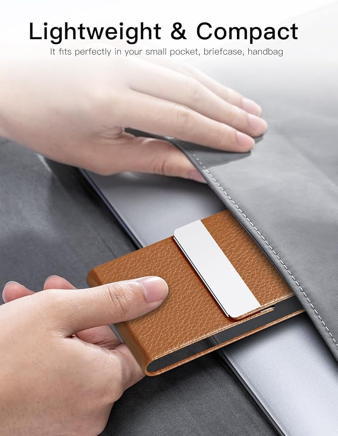Padike Leather Business Card Holder Metal Business Card Case Slim Professional Name Card Holder with Magnetic Shut (Apricot)
