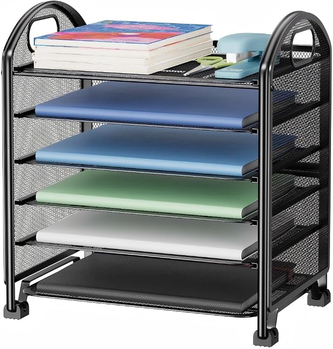 Simple Trending 6-Tier Letter Tray Organizer, Metal Mesh File Holder, Black | Fits Standard Letter-size Papers | Sturdy Metal Mesh | Non-Slip Feet | Easy-grip Handle | Black for Office Home School