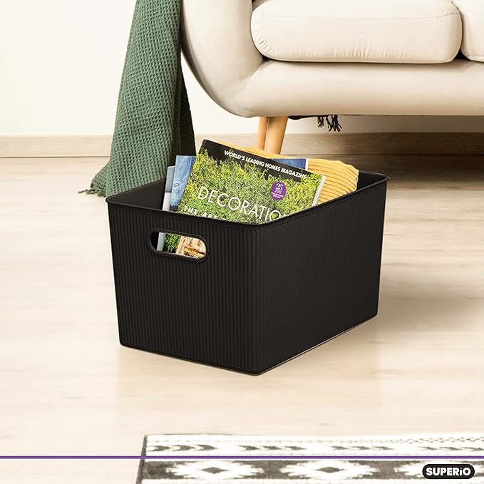 Superio Ribbed Collection - Decorative Plastic Basket Open Home Storage Bins Organizer, X-Large Brown (4 Pack) Container Boxes for Organizing Closet Storage Bins for Shelves 22 Liter/23 Quart