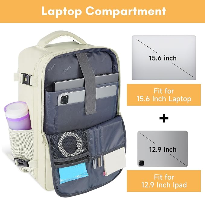 Taygeer Travel Backpack for Women, Carry On Backpack with Shoe Pouch | TSA 15.6" Laptop Back Pack Flight Approved, College Gym Bag Casual Daypack for Weekender Business Hiking, Beige