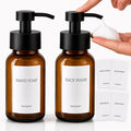 2 Pcs Amber Glass Foaming Soap Dispenser - 8.5 Oz Refillable Glass Foaming Hand Soap Dispenser, Non-Slip Bottom, 6 Moisture-Resistant Labels - Elegant Pump Bottles for Bathroom & Kitchen Counter Decor