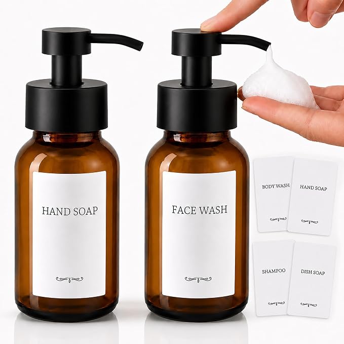 2 Pcs Amber Glass Foaming Soap Dispenser - 8.5 Oz Refillable Glass Foaming Hand Soap Dispenser, Non-Slip Bottom, 6 Moisture-Resistant Labels - Elegant Pump Bottles for Bathroom & Kitchen Counter Decor
