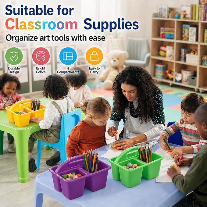 gisgfim 6 Pack Plastic Classroom Caddy with 4-Compartments Plastic Storage Caddies with Handle 4 Compartments Table Caddy Organizer Versatile Table Caddies for Classroom Office, Rainbow Color
