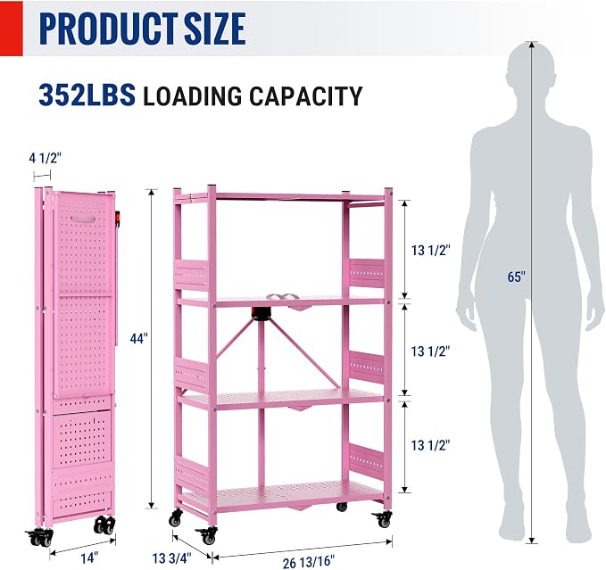 WORKPRO 4-Tier Folding Shelf, No-Assembly Metal Storage Rack with Wheels, 600 lbs Capacity (with Leveling Feet), Collapsible Shelving Unit for Kitchen, Pantry, Closet & Craft Shows - Pink