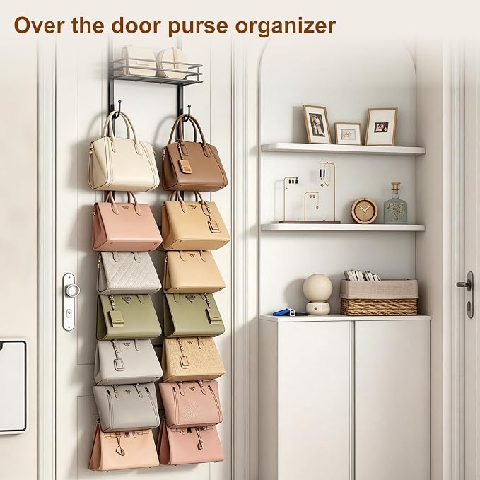 Over The Door Purse Organizer - Wall Mounted Handbag Organizer with 16 Hooks and Metal Basket,Purse Rack for Closet,Bag Rack, Handbag Rack and Hanging Purse Storage for Door,Closet
