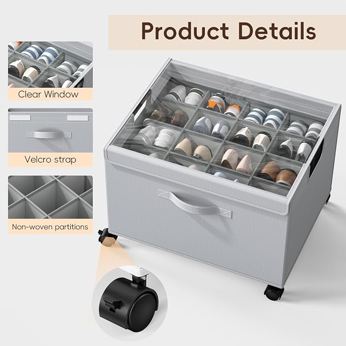 HOUSE AGAIN 2 Pack Shoe Organizer for Closet, Shoe Storage Organizer with Reinforced Metal‑Steel Frame, Lockable Wheels & Clear Cover, Foldable Shoe Box for Closet and Entryway, Gray
