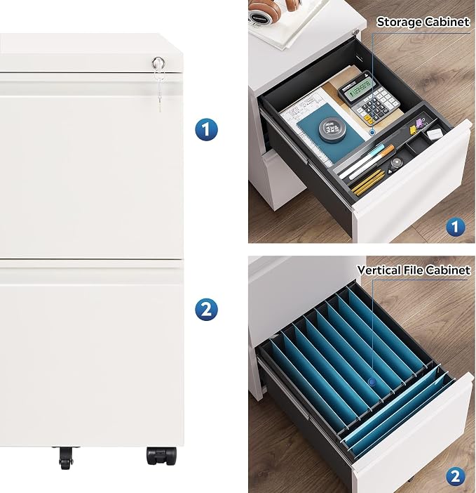 DEVAISE 2 Drawer File Cabinet with Lock for Home Office, Fully Assembled | Under Desk Metal Filing Cabinet with Wheels, Fits Letter/Legal/A4 Size, White