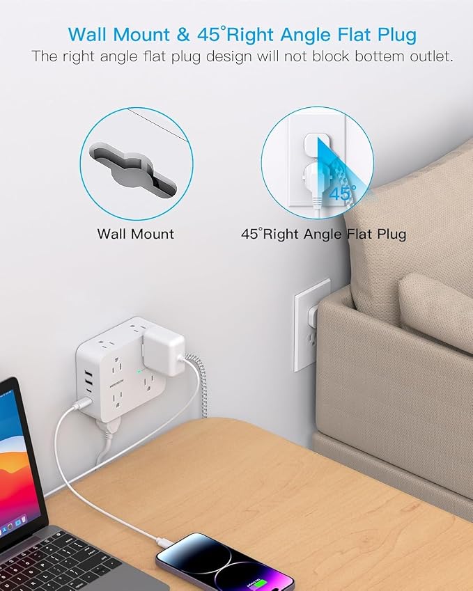 Surge Protector Power Strip, HANYCONY Extension Cord with Multiple Outlets, 5 Ft Ultra Thin Flat Plug 8 Outlets 4 USB Ports(2USB C), 1080J Outlet Extender for Home Office College Dorm Room Essentials | 5 Ft Ultra Thin Flat Plug 8 Outlets 4 USB Ports(2U...