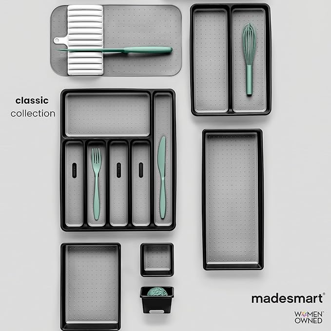 madesmart Small Silverware Tray, Compact 5 Compartment Flatware Organizer for Forks, Knives & Spoons, Non Slip, Soft Grip Lining, Fits Small Drawers, White