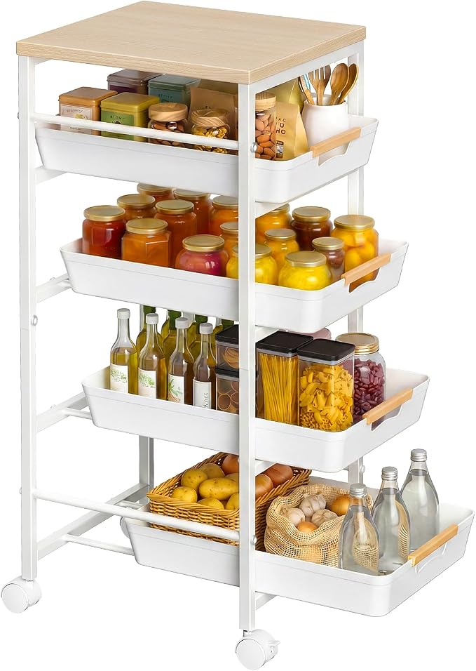 Pipishell Rolling Storage Cart with Drawers & Lockable Wheels, 5 Tier Kitchen Cart with Safety Stops & Vented Design, Wood Top, Pull-Out Utility Cart for Kitchen, Home Office, Bedside, White