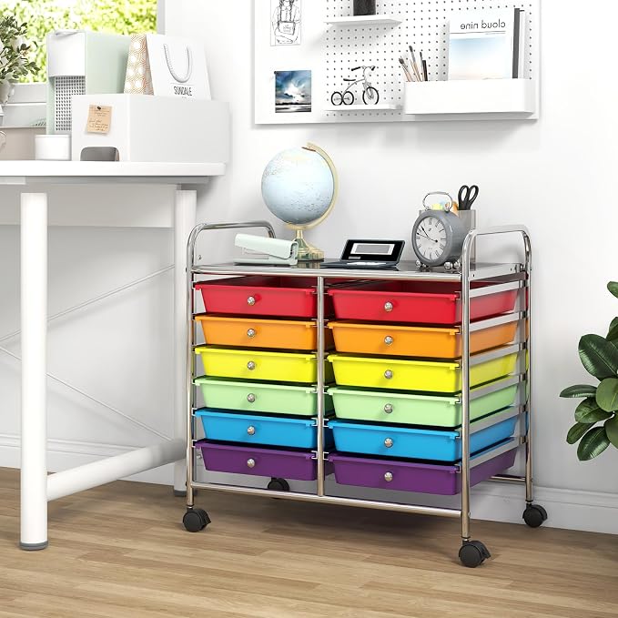 GOFLAME 12-Drawer Rolling Storage Cart, Multifunctional Art Craft Organizer Cart, Mobile Utility Storage Cart with Removable Drawers & Lockable Wheels, Craft Cart for Home Office School, Multicolored