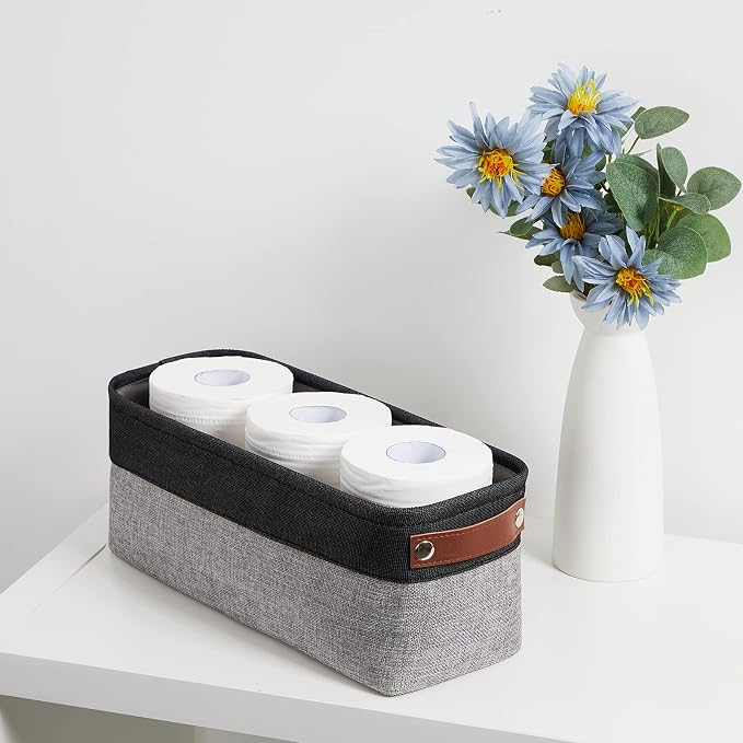 DULLEMELO Small Bathroom Baskets for Toilet Fabric Storage Baskets 2 Pack - 15"x6"x5.5" Foldable Fabric Organizer for Storage Decorative Storage Bins for Home,Closet(Black&Grey)