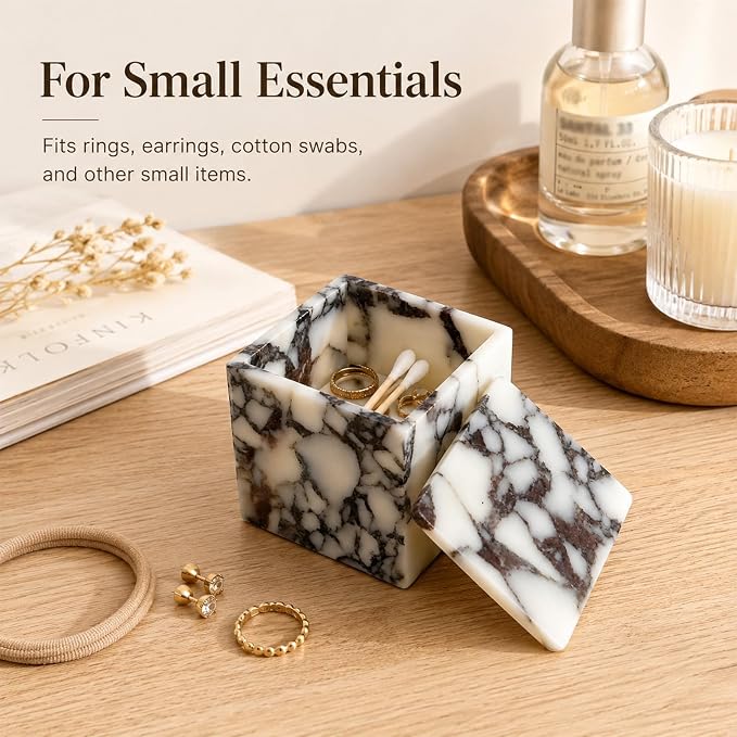 Natural Marble Square Storage Box with Lid, 3.94 in | A small lidded natural marble box that turns jewelry, cotton swabs, and hair ties into a polished vanity display.
