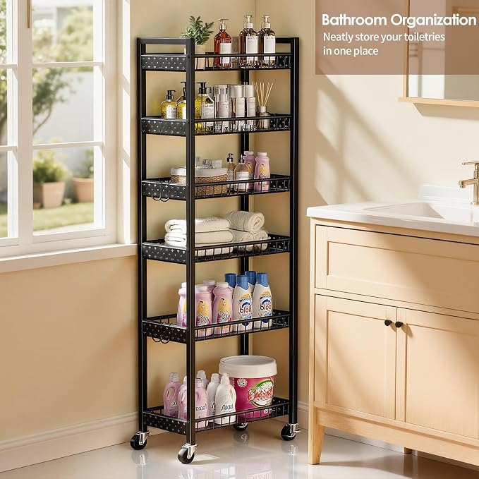 6 Tier Slim Storage Cart, Narrow Rolling Cart with Wheels, 10in(W) | Narrow Mobile Utility Shelf Unit Organizer for Kitchen, Bathroom, Laundry Room, Living Room, Small Places, Black