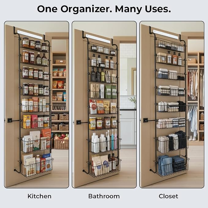 Over Door Organizer Storage - 8 Tier White Metal Over the Door Pantry Organizer Heavy Duty Hanging Storage Rack, Behind Cabinet Shelves for Home, Kitchen, Bathroom, Closet, Pantry