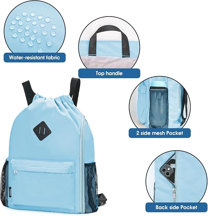 WANDF Drawstring Backpack with Shoe Compartment, Sports Gym Bag | Multi-Pocket Storage, Water-Resistant Fabric, Cinch String Bag