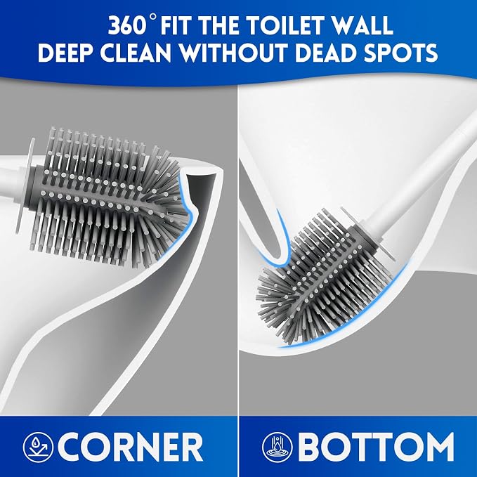 Y-in Hand 2 Pack Silicone Toilet Brush, Soft Toilet Bowl Brush Set for Deep Cleaning. Bathroom RV Accessories with Long Handle, Wall mountable. - White