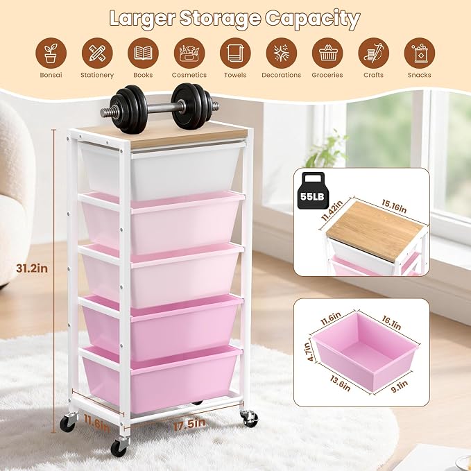 Rolling Cart with 5 Drawers, Plastic Drawer Storage Carts with Wheels & Wooden Tabletop, Metal Utility Cart for Office Bedroom Living Room Classroom, Craft Organization and Storage, Pink