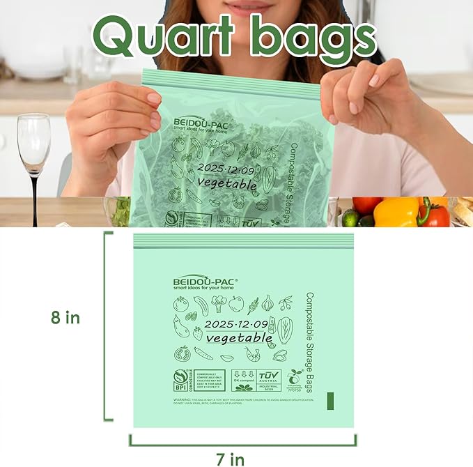 BEIDOU-PAC Compostable Quart Food Storage Freezer Bags, 60 Count | 2 Mil | 8 IN x 7 IN, Freshness Easy Open Biodegradable Eco-Friendly Reclosable Compost Zipper Bags