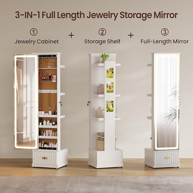 Lvifur Jewelry Cabinet with LED Mirror - Side Sliding Door Jewelry Armoires for Bedroom,Standing Jewelry Organizer with Full Length Mirror&3 Photo Frames&Drawer&Movable Wheels for Cloakroom,White