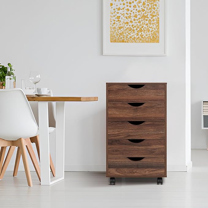 Naomi Home 5-Drawer Rolling Chest, Brown Oak, Smart Storage with Metal Slide Glides & Smooth Wheels, Compact Space-Saver, Easy Assembly, Durable Engineered Wood