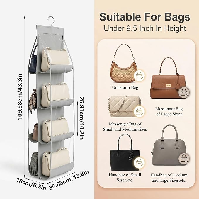 4-Pack Hanging Purse Organizer for Closet, Purse Storage Holder with 8 Clear PVC Pockets, Space Saving Handbag Hanger for Wardrobe Door Wall, Foldable Non-Woven Fabric, Gray
