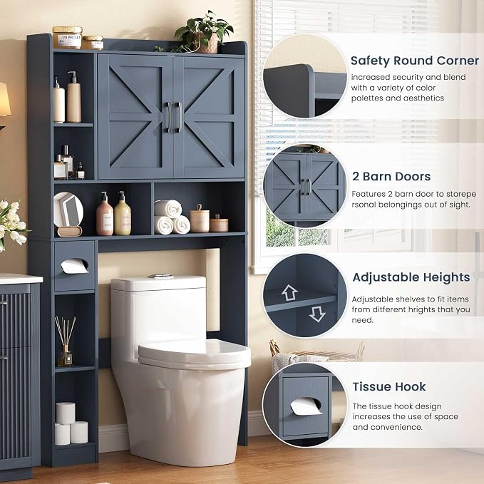 Vabches Over The Toilet Storage Cabinet with 2 Barn Doors, Blue | Farmhouse Storage Cabinet with Toilet Paper Holder Stand，Home Space-Saving Toilet Rack, for Bathroom, Restroom, Laundry