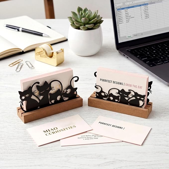 CroBlissful 2 Pcs Cat Business Card Holders for Desk, Wood & Metal Black Funny Business Card Display Cats Silhouette Stand for Home Office