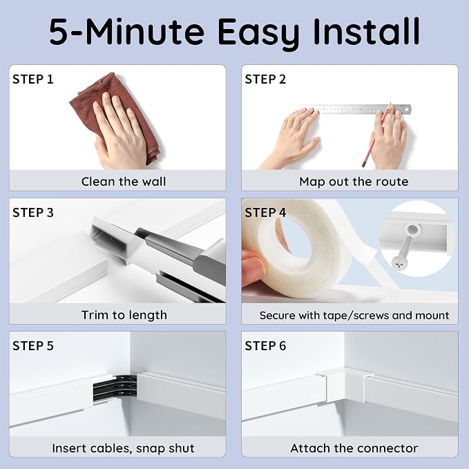Delamu 236in Cord Hider, Professional Cable Cover Kit for Wall, TV Wire Hider for Wall Mounted TV, Raceway Cover on Management Wires, Cable Concealer, 0.95'' H x 0.55'' W, White