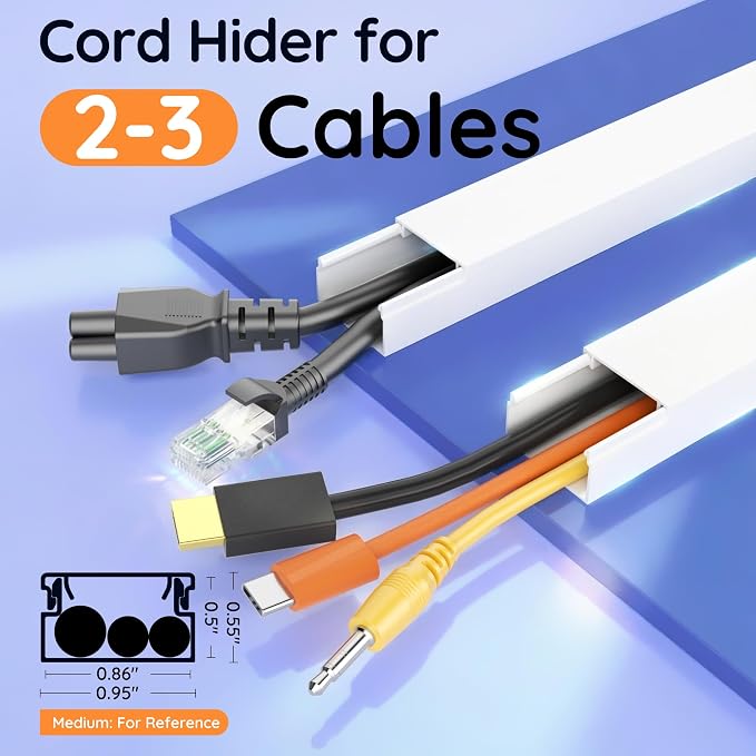 Delamu 236in Cord Hider, Professional Cable Cover Kit for Wall, TV Wire Hider for Wall Mounted TV, Raceway Cover on Management Wires, Cable Concealer, 0.95'' H x 0.55'' W, White
