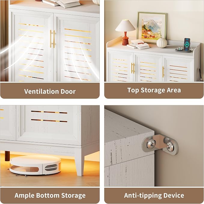 Vlsrka Shoe Storage Cabinet with Shutter Doors and Adjustable Shelves | 6 Tier Wooden Shoe Organizer, Large Capacity, Human Sensor Lighting, 180° Rotating, for Entryway, Hallway, Living Room, White