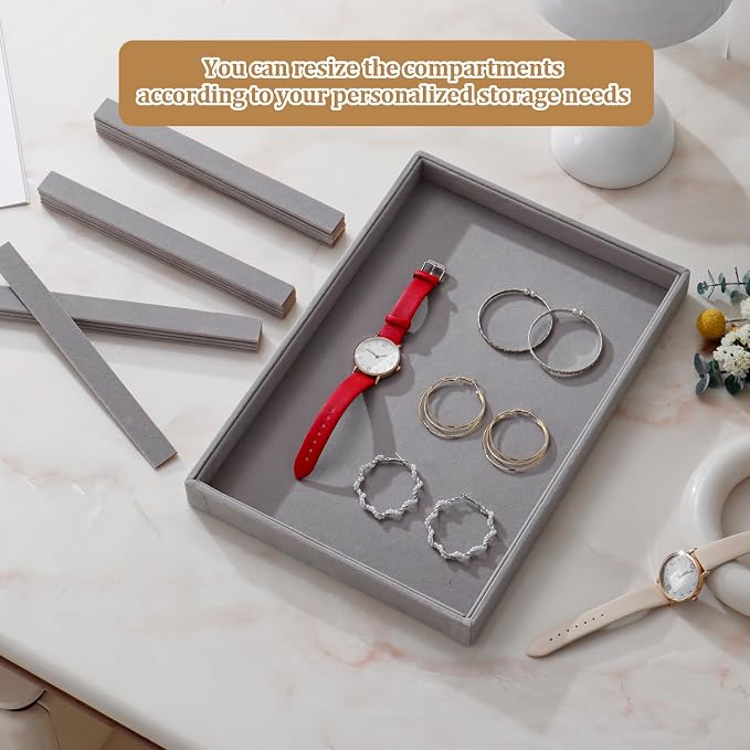 Large Stackable Jewelry Tray 4 Pack Velvet Jewelry Display Drawer Inserts Trays Organizer for Earring Bracelet Necklace Ring (Gray, 17 Grids)