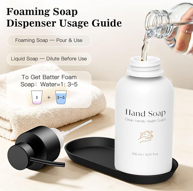 16.9 Oz Glass Foaming Soap Dispenser 2 Pack(White) | Refillable Hand & Dish Soap Pump, With Silicone Tray & 8 Waterproof Labels, For Bathroom & Kitchen，Perfect Housewarming Gift