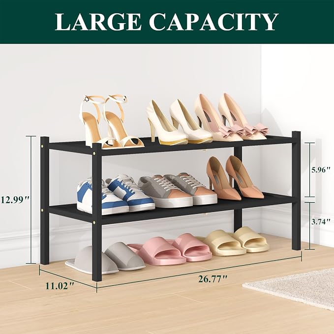 Smiry Bamboo Shoe Rack, 2 Tier Shoe Organizer for Entryway & Closet, Stackable Free Standing Storage Shelf for Shoes, Bags & Plants, Black