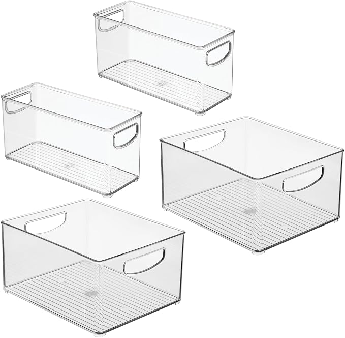 iDesign 4-Piece Plastic Organizer Bin Set, Clear | Two 10" x 8" x 5" Bins, Two 10" x 4" x 5" Bins, For Pantry and Cabinet Organization, Made in the USA