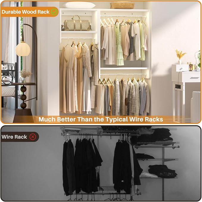Unikito 36” - 60” Closet System, 5FT Walk in Closet Organizer Starter Kits with 3 Hanging Rods and 2 Shelves, Heavy Duty Reversible Wood Clothing Racks, Cut Be Cut to Fit, Max Load 800 LBS, White