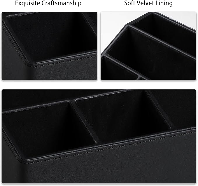 Desk Organizer Caddy with 5 Compartments for Office Art Supplies, PU Leather Nightstand Organizer Pencil Pen Desk Caddy for Home, Desktop TV Remote Control Holder Storage (Black)