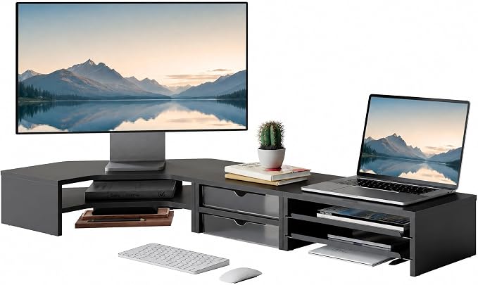 Fenge Dual Monitor Stand, 2-Tier Corner Monitor Riser with Drawer and Slide-out Tray, Triangle Desktop Shelf Organizer for Laptop Computer Printer Home Office Desk, Black