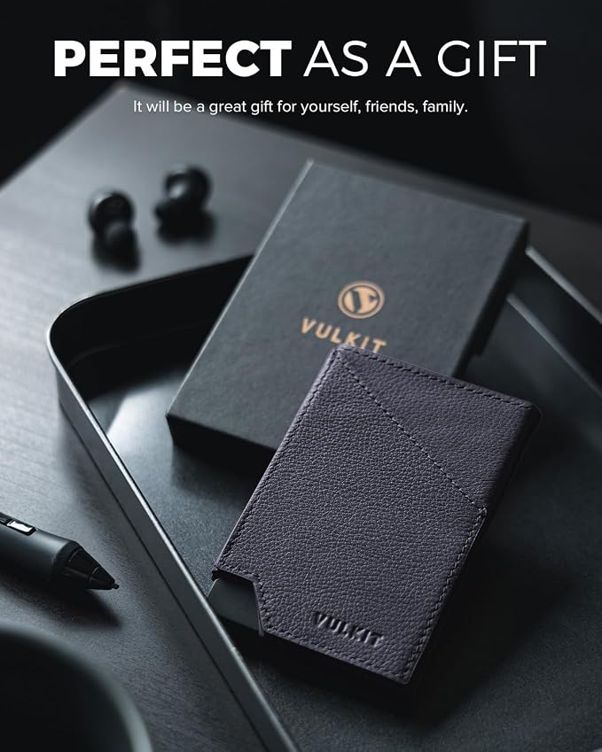 VULKIT Pop up Card Wallet Genuine Leather RFID Blocking Slim Aluminum Metal Bank Card Holder Case with Business Money Pocket for Credit Cards Notes and Coins Blue