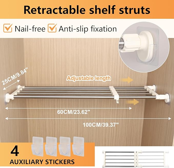 BAOYOUNI Tension Closet Shelf, Adjustable Storage Rack Separator | Wardrobe Cupboard Divider Organizer Rod for Kitchen Bathroom Bedroom, 23.62-39.37 Inch
