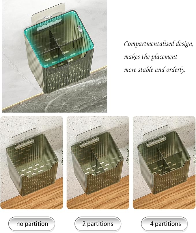 Lae Nuvole 2Pcs Storage Organizer Bins, Wall Mount Toothbrush Holder, Clear | with Dividers & 4 Adhesive Pads, No Drill, Renter Friendly, BPA-Free PET, Fits Bathroom, Apartment, RVs, Cabinet/Pantry Door