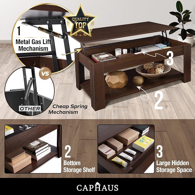 CAPHAUS Lift Top Coffee Table w/Storage and Hidden Compartment, Rising Tabletop for Living Room, Bottom Open Shelf, 41" Espresso