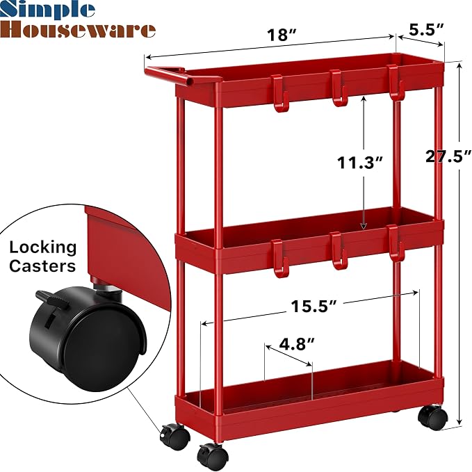 Simple Houseware 3-Tier Slim Rolling Cart w/Handle 5.5" Wx27.5 H, Red | Storage Cart for Narrow Space (5.5-Inch Wide) Kitchen, Bathroom, Laundry Room